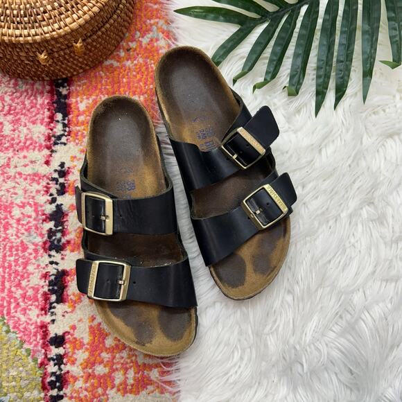 Birkenstock Shoes - Birkenstock Black Leather Sydney Luxe Buckle Sandal 7 Narrow Slip In